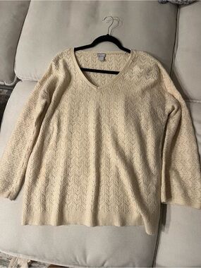Chico’s Beige Cream Open Knit Pullover V Neck Sweater Top Blouse
